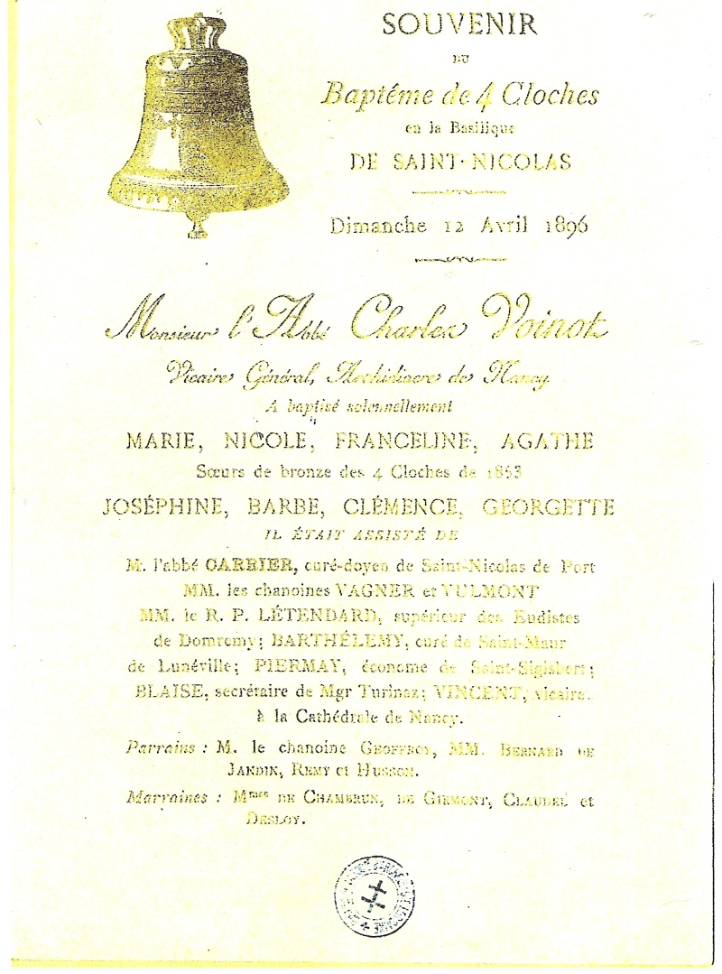 SOUVENIR du  Baptme de 4 cloches en la Basilique DE SAINT NICOLAS le Dimanche 12 avril 1896